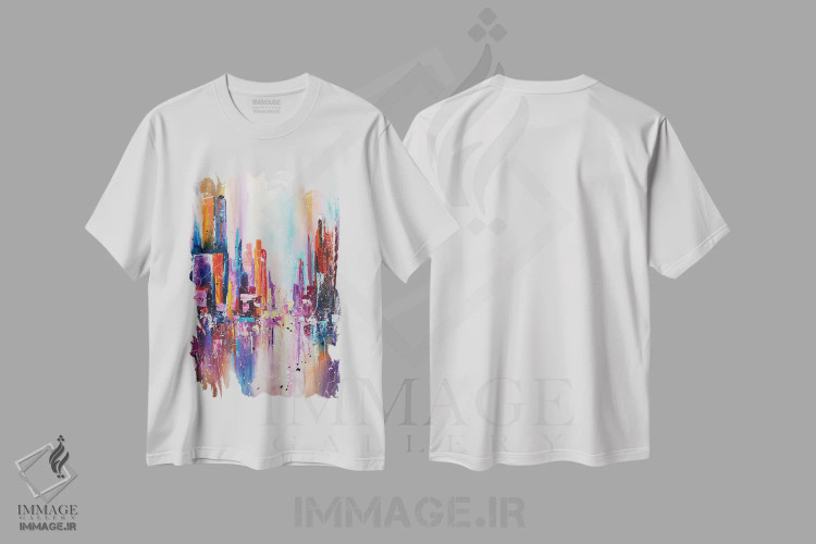 تیشرت سفید طرح دار شهر در نور غروب، آبستره اثر کوپتسووا آرت | فروشگاه ایماژ