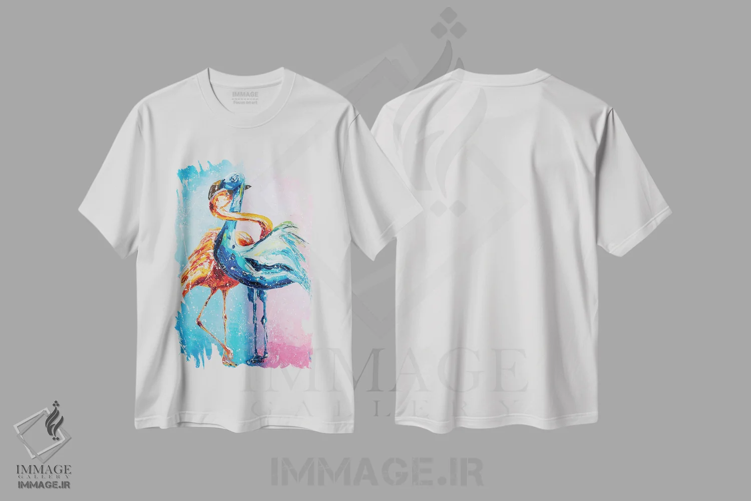 تیشرت سفید طرح دار فلامینگوهای عاشق، دکور معاصر اثر کوپتسووا آرت | immage.ir