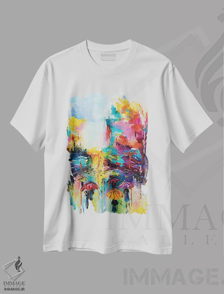 تیشرت سفید طرح دار باران می بارد، آبستره اثر کوپتسووا آرت | فروشگاه ایماژ