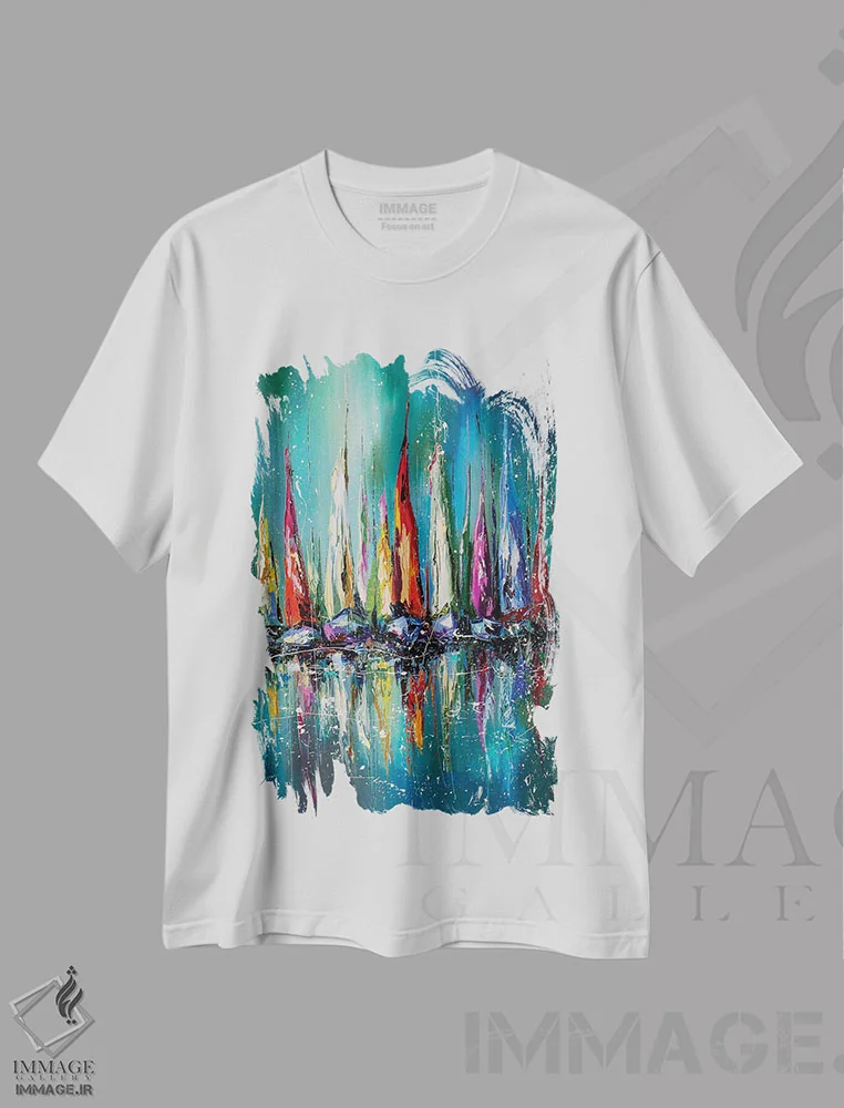 تیشرت سفید طرح دار قایق ها در بندر، دکور معاصر اثر کوپتسووا آرت | فروشگاه ایماژ