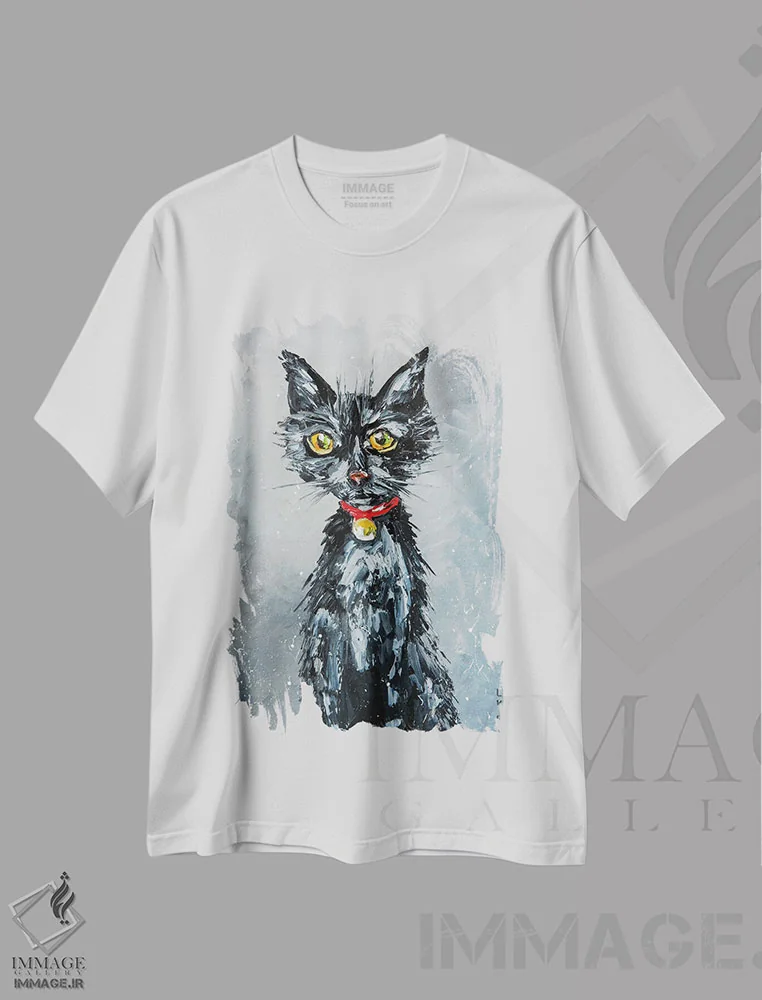 تیشرت سفید طرح دار گربه گرسنه، دکور معاصر اثر کوپتسووا آرت | فروشگاه ایماژ