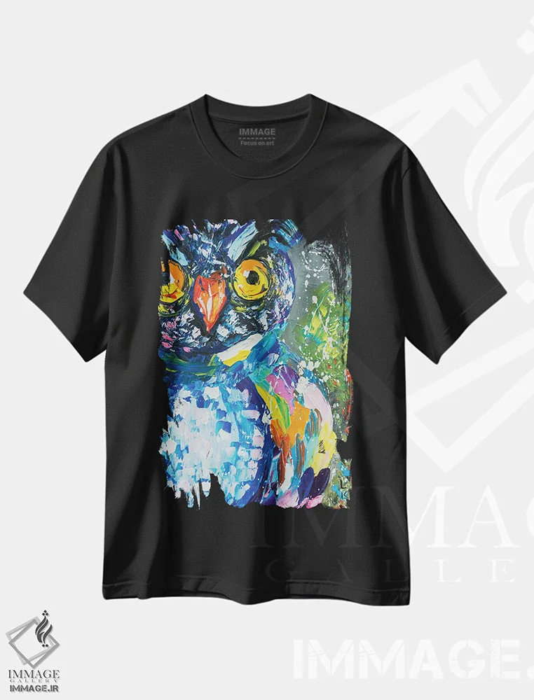 تیشرت مشکی طرح دار جغد، دکور معاصر اثر کوپتسووا آرت | فروشگاه ایماژ