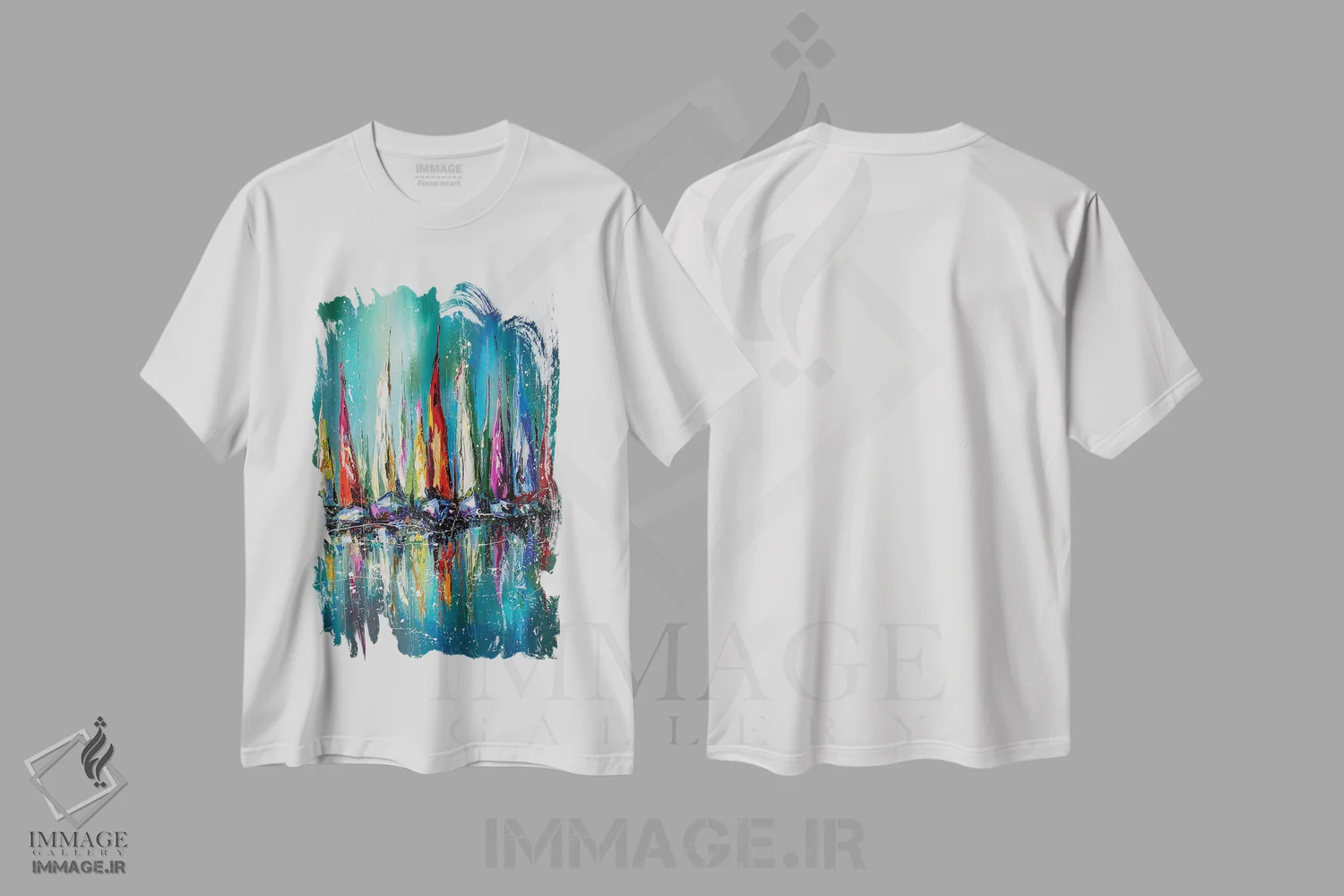 تیشرت سفید طرح دار قایق ها در بندر، دکور معاصر اثر کوپتسووا آرت | فروشگاه ایماژ