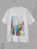 تیشرت سفید طرح دار چشم انداز انتزاعی شهر هفتم، آبستره اثر کوپتسووا آرت | فروشگاه ایماژ
