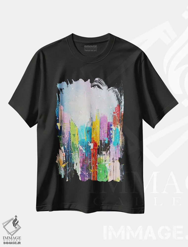 تیشرت مشکی طرح دار چشم انداز انتزاعی شهر هفتم، آبستره اثر کوپتسووا آرت | immage.ir