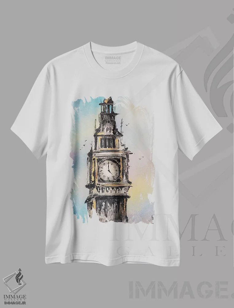 تیشرت سفید طرح دار ساعت پنج، دکور معاصر اثر کوپتسووا آرت | فروشگاه ایماژ