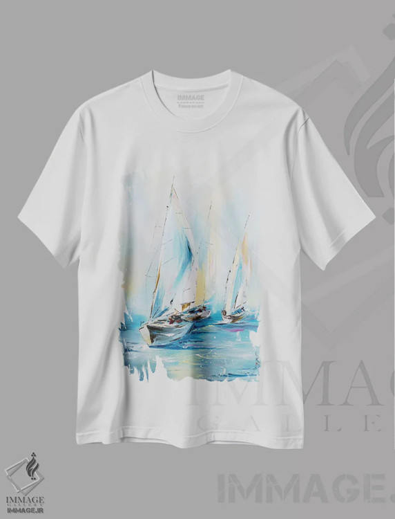 تیشرت سفید طرح دار مسابقه قایق رانی صبحگاهی، هنر فاخر معاصر اثر کوپتسووا آرت | فروشگاه ایماژ