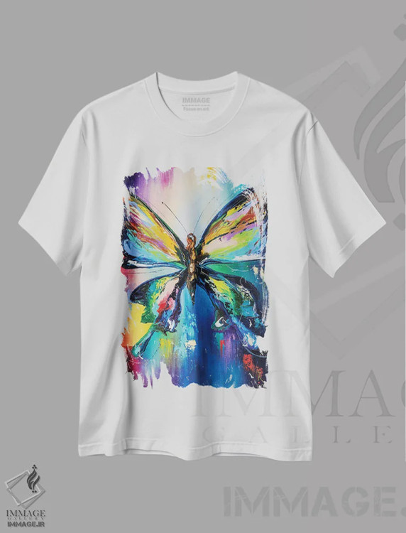 تیشرت سفید طرح دار پروانه رنگارنگ، هنر فاخر معاصر اثر کوپتسووا آرت | immage.ir