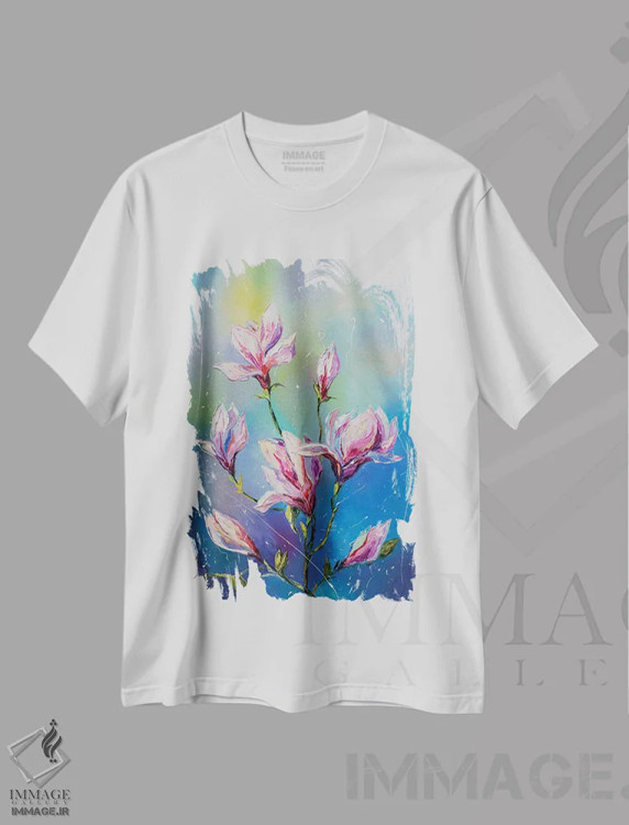 تیشرت سفید طرح دار شکوفایی ماگنولیا II، هنر فاخر معاصر اثر کوپتسووا آرت | فروشگاه ایماژ