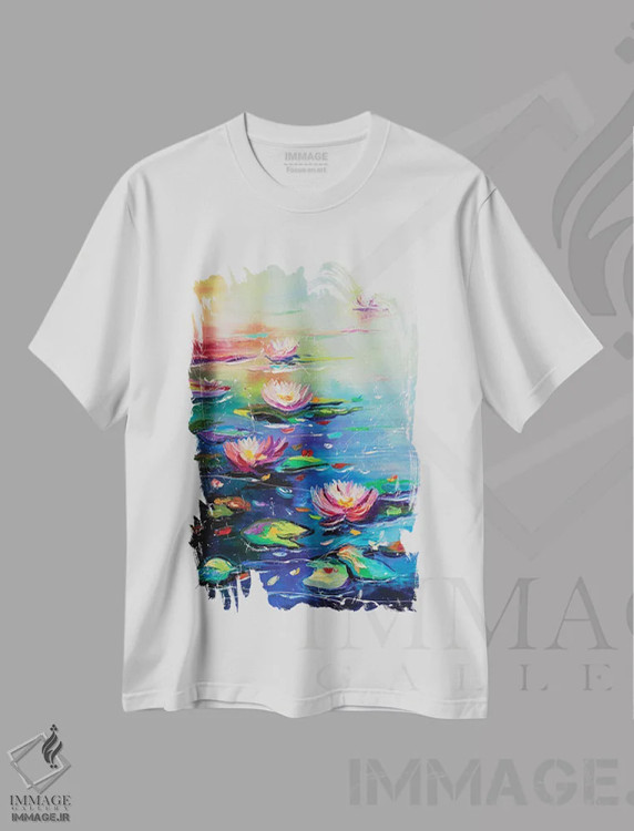 تیشرت سفید طرح دار برکه زیبا، هنر فاخر معاصر اثر کوپتسووا آرت | immage.ir