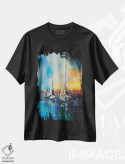 تیشرت مشکی طرح دار قایق های بادبانی در غروب، هنر فاخر معاصر اثر کوپتسووا آرت | فروشگاه ایماژ