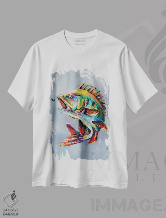 تیشرت سفید طرح دار ماهی پرس گرسنه، هنر فاخر معاصر اثر کوپتسووا آرت | immage.ir