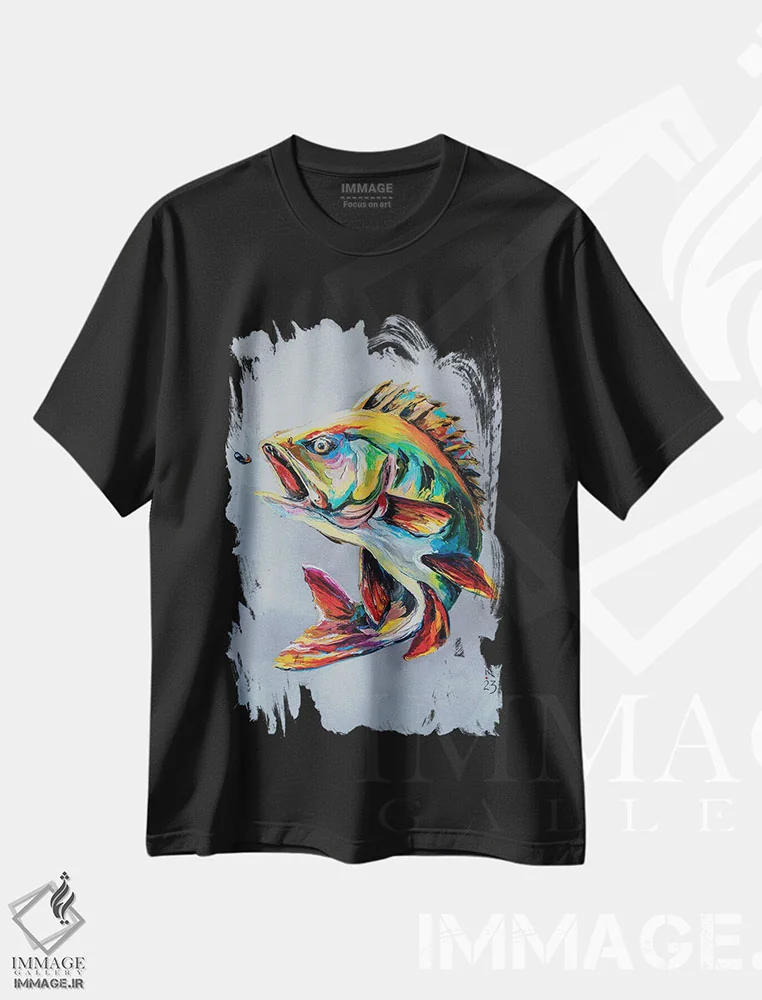 تیشرت مشکی طرح دار ماهی پرس گرسنه، هنر فاخر معاصر اثر کوپتسووا آرت | فروشگاه ایماژ