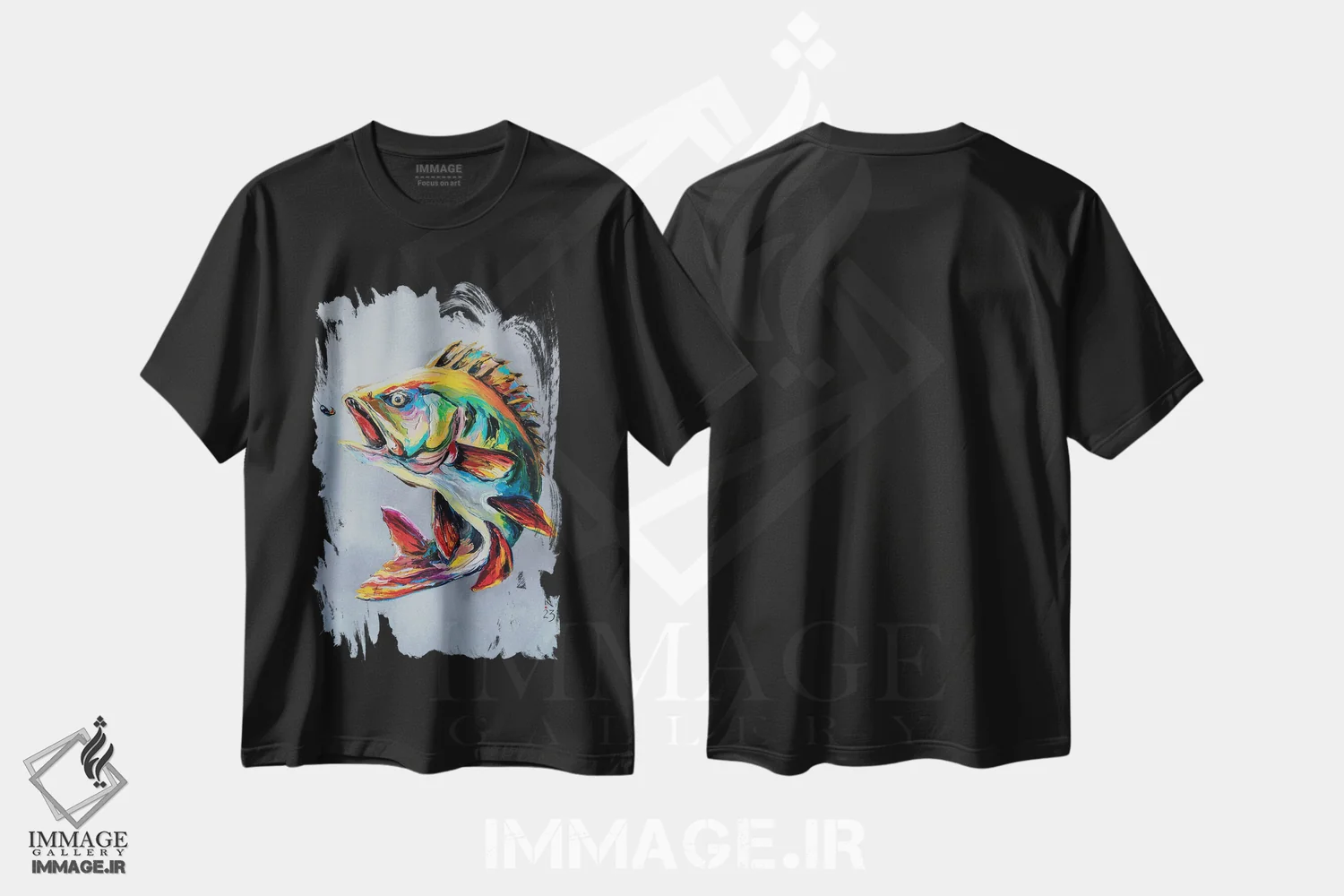 تیشرت مشکی طرح دار ماهی پرس گرسنه، هنر فاخر معاصر اثر کوپتسووا آرت | فروشگاه ایماژ