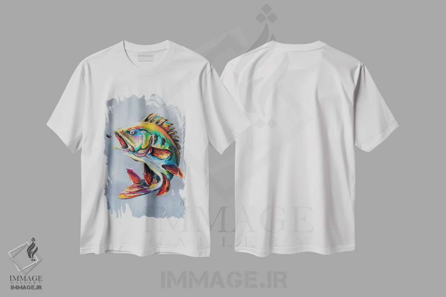 تیشرت سفید طرح دار ماهی پرس گرسنه، هنر فاخر معاصر اثر کوپتسووا آرت | immage.ir