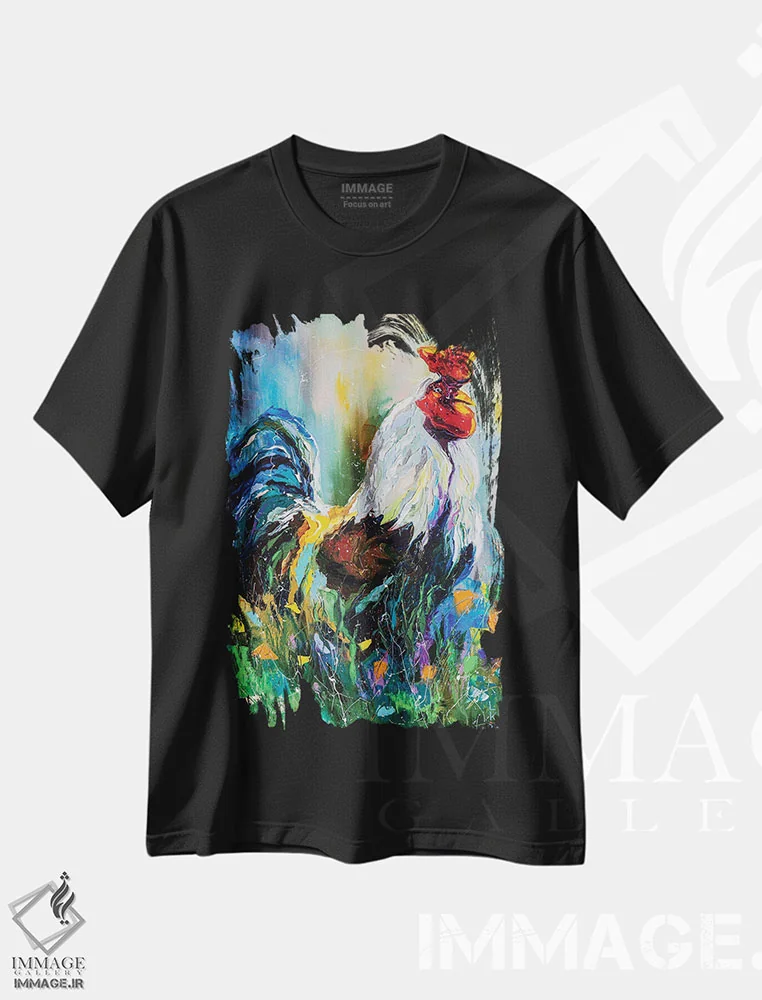 تیشرت مشکی طرح دار خروس بامزه، هنر فاخر معاصر اثر کوپتسووا آرت | فروشگاه ایماژ