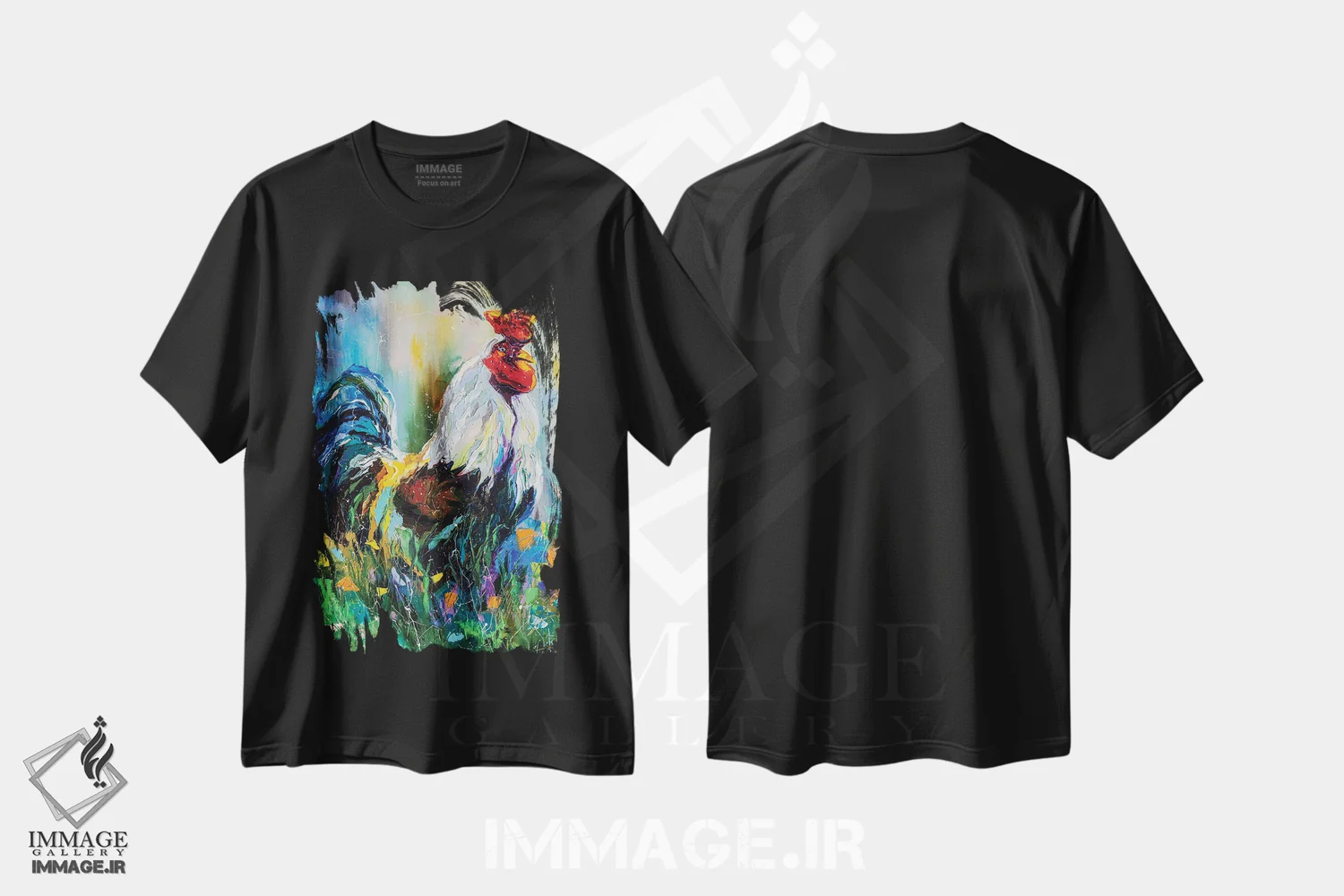 تیشرت مشکی طرح دار خروس بامزه، هنر فاخر معاصر اثر کوپتسووا آرت | فروشگاه ایماژ