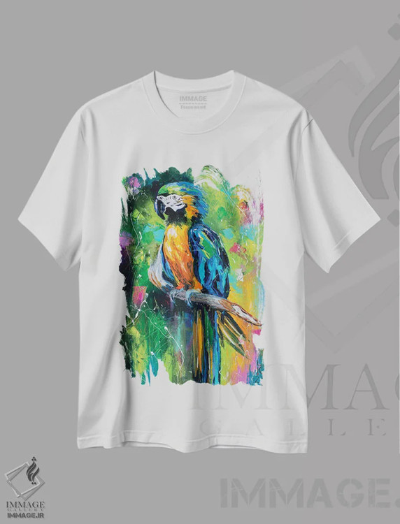 تیشرت سفید طرح دار طوطی، هنر فاخر معاصر اثر کوپتسووا آرت | فروشگاه ایماژ