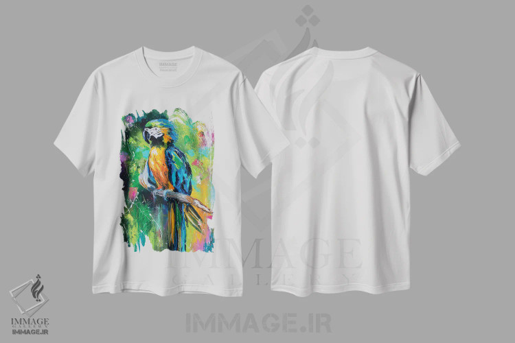 تیشرت سفید طرح دار طوطی، هنر فاخر معاصر اثر کوپتسووا آرت | فروشگاه ایماژ