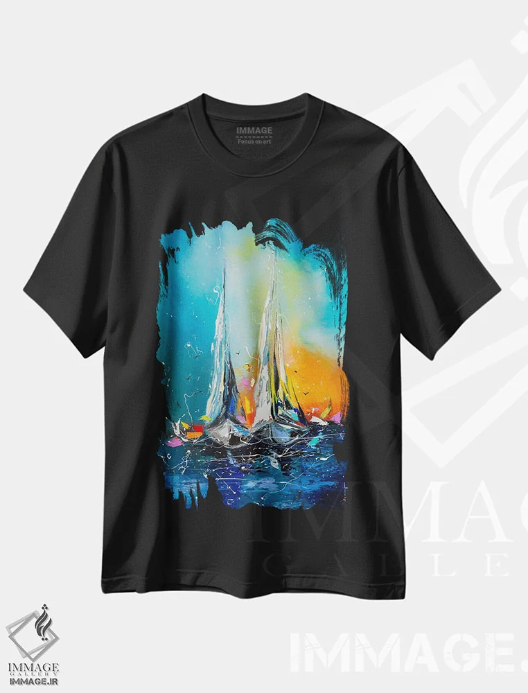 تیشرت مشکی طرح دار قایق ها در نور غروب، آبستره اثر کوپتسووا آرت | immage.ir