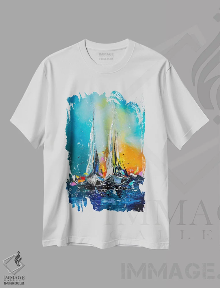 تیشرت سفید طرح دار قایق ها در نور غروب، آبستره اثر کوپتسووا آرت | فروشگاه ایماژ