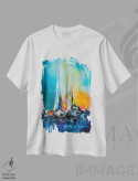 تیشرت سفید طرح دار قایق ها در نور غروب، آبستره اثر کوپتسووا آرت | فروشگاه ایماژ