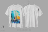 تیشرت سفید طرح دار قایق ها در نور غروب، آبستره اثر کوپتسووا آرت | فروشگاه ایماژ