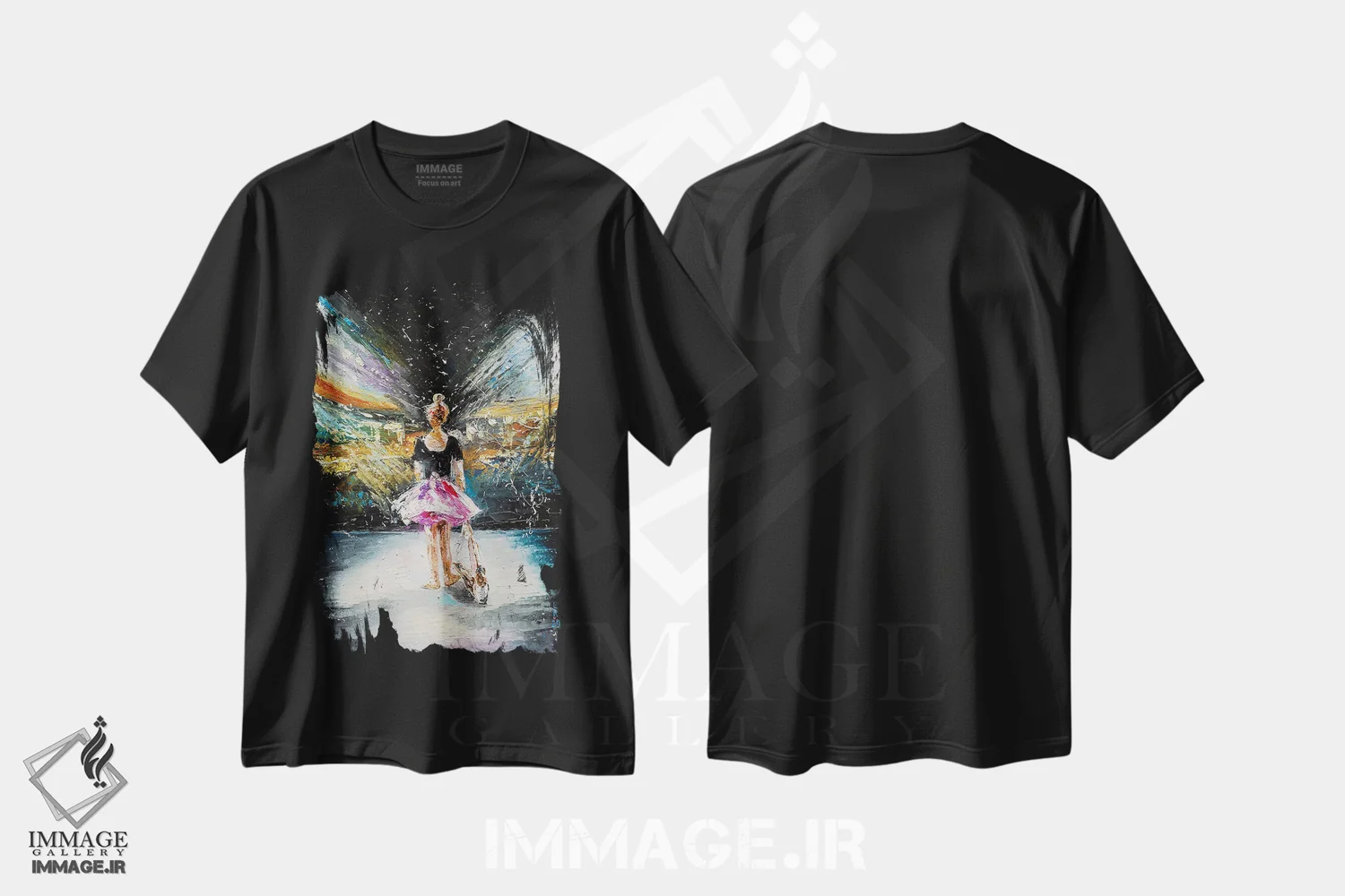 تیشرت مشکی طرح دار رؤیاها درباره صحنه، دکور معاصر اثر کوپتسووا آرت | فروشگاه ایماژ