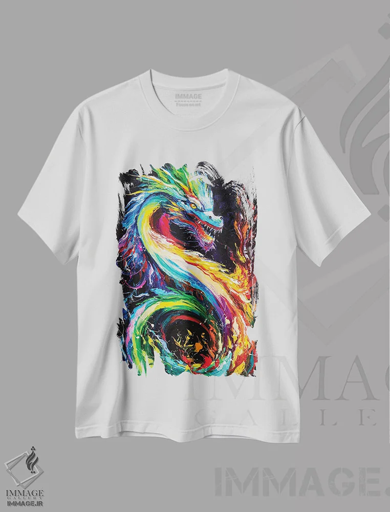 تیشرت سفید طرح دار اژدهای آتشین، هنر فاخر معاصر اثر کوپتسووا آرت | immage.ir