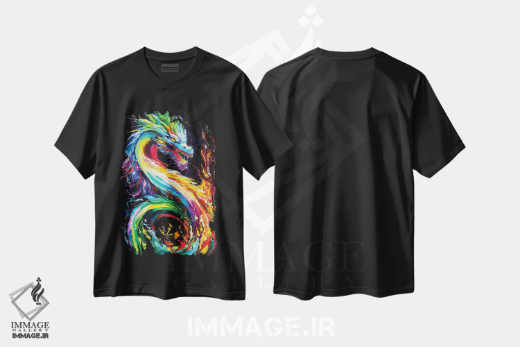 تیشرت مشکی طرح دار اژدهای آتشین، هنر فاخر معاصر اثر کوپتسووا آرت | فروشگاه ایماژ