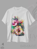 تیشرت سفید طرح دار سمفونی شکوفه های رز، آبستره اثر کوپتسووا آرت | immage.ir