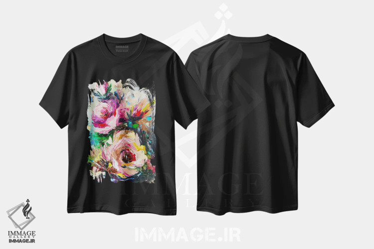 تیشرت مشکی طرح دار سمفونی شکوفه های رز، آبستره اثر کوپتسووا آرت | فروشگاه ایماژ