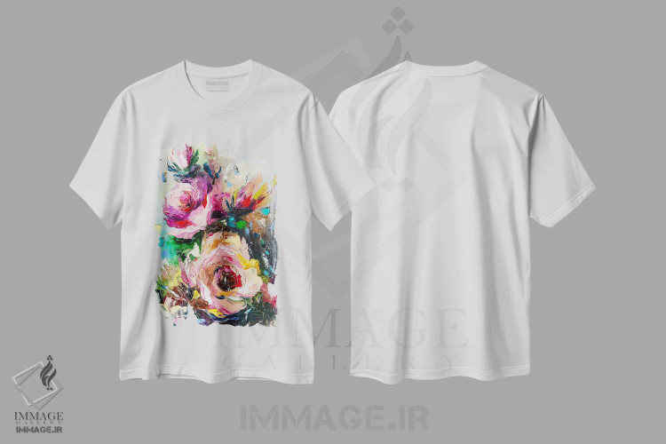 تیشرت سفید طرح دار سمفونی شکوفه های رز، آبستره اثر کوپتسووا آرت | immage.ir