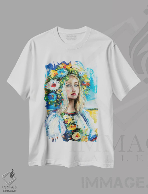 تیشرت سفید طرح دار زن اوکراینی، هنر فاخر معاصر اثر کوپتسووا آرت | immage.ir