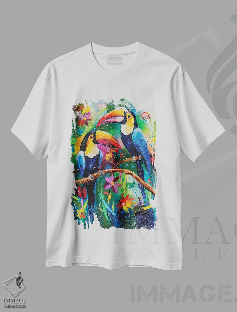 تیشرت سفید طرح دار توکان های شاد، هنر فاخر معاصر اثر کوپتسووا آرت | فروشگاه ایماژ