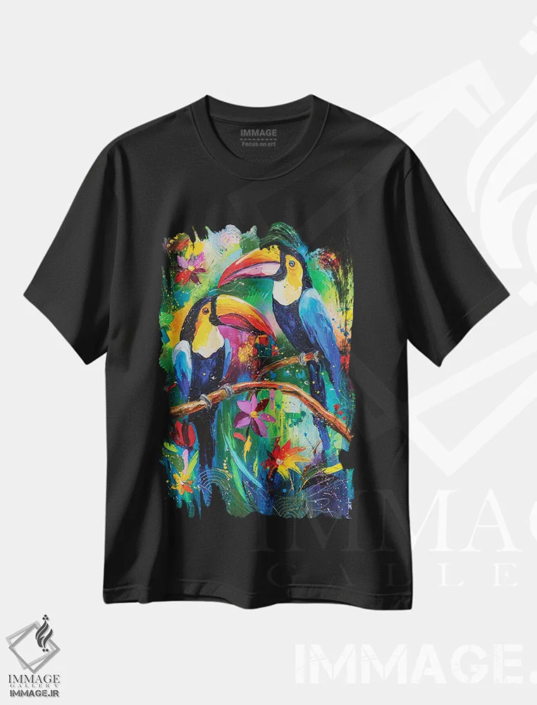 تیشرت مشکی طرح دار توکان های شاد، هنر فاخر معاصر اثر کوپتسووا آرت | immage.ir