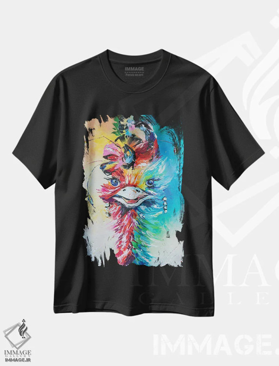 تیشرت مشکی طرح دار شترمرغ شیک پوش، دکور معاصر اثر کوپتسووا آرت | فروشگاه ایماژ