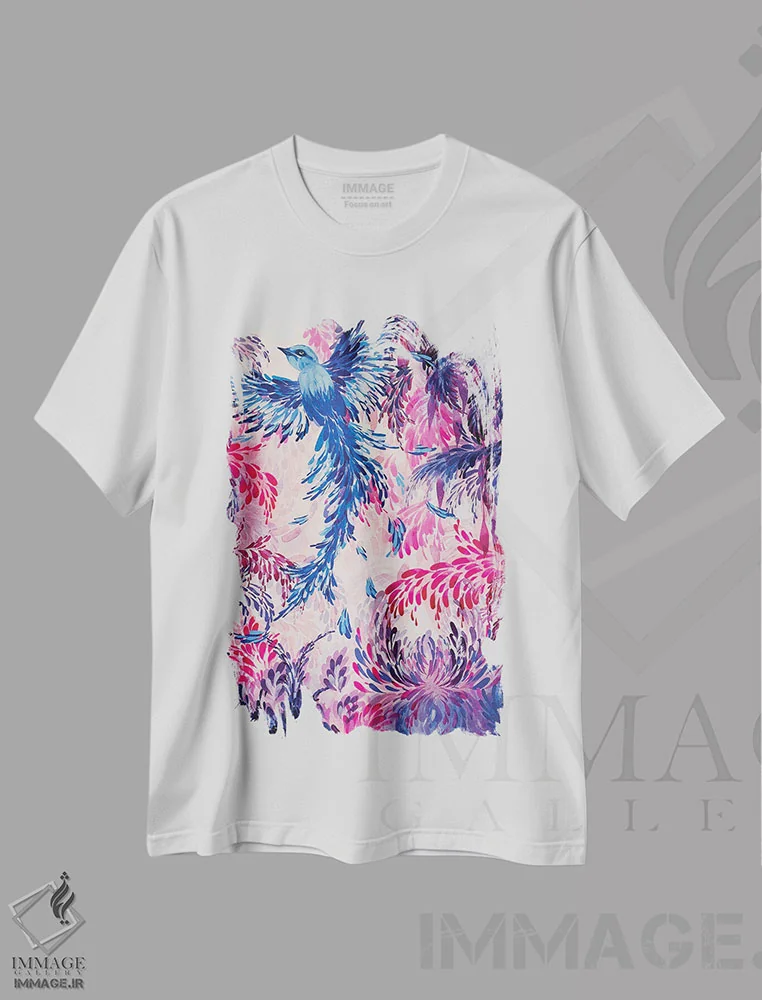 تیشرت سفید طرح دار پرنده آبی II، دکور بوهمی اثر شوشانیک کاراپتیان | فروشگاه ایماژ