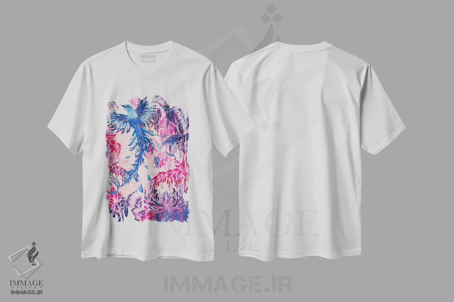 تیشرت سفید طرح دار پرنده آبی II، دکور بوهمی اثر شوشانیک کاراپتیان | فروشگاه ایماژ