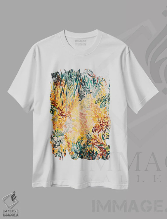 تیشرت سفید طرح دار زرد فیروزه ای، دکور بوهمی اثر شوشانیک کاراپتیان | فروشگاه ایماژ