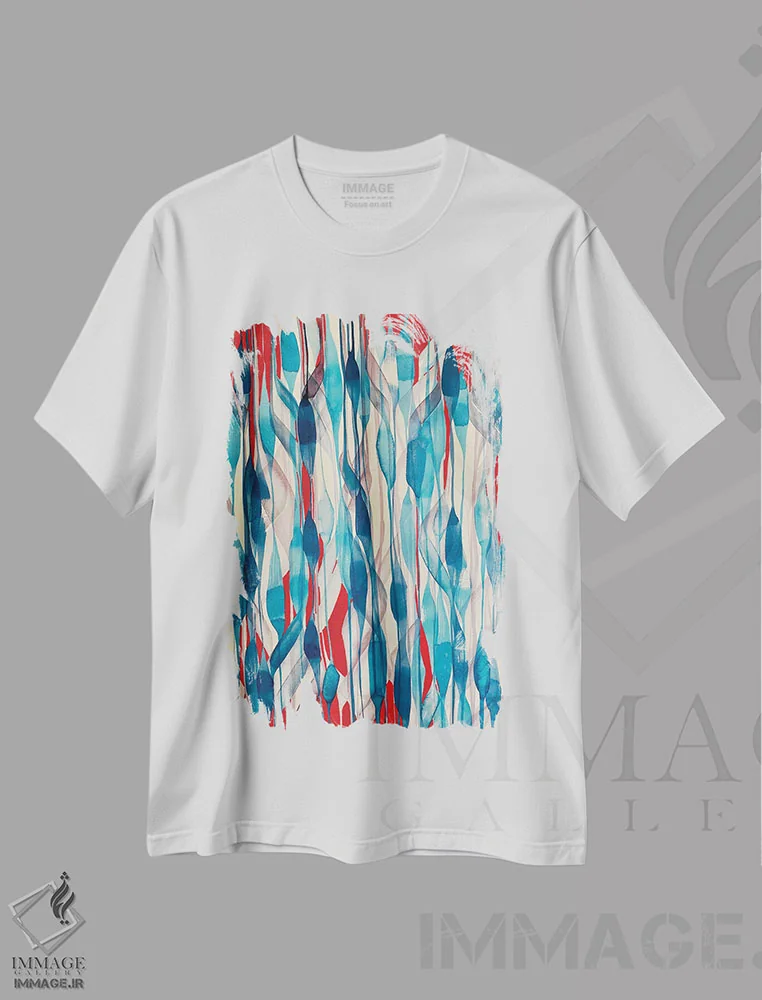 تیشرت سفید طرح دار درگیر آبی ها، آبستره اثر شوشانیک کاراپتیان | immage.ir
