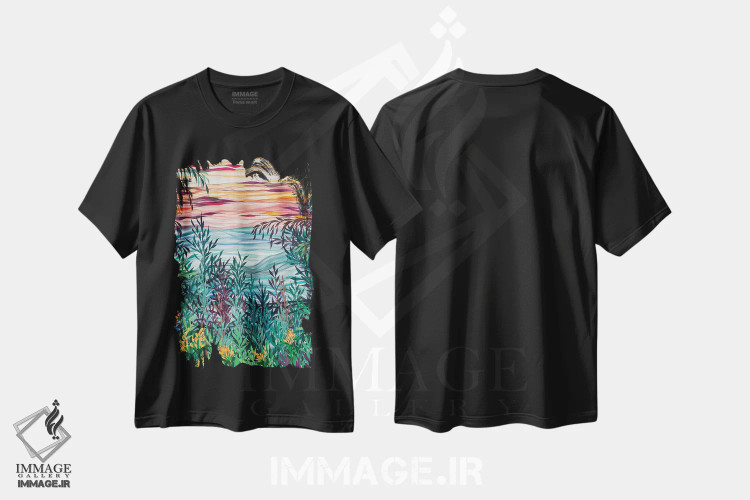 تیشرت مشکی طرح دار غروب تابستان، دکور بوهمی اثر شوشانیک کاراپتیان | فروشگاه ایماژ