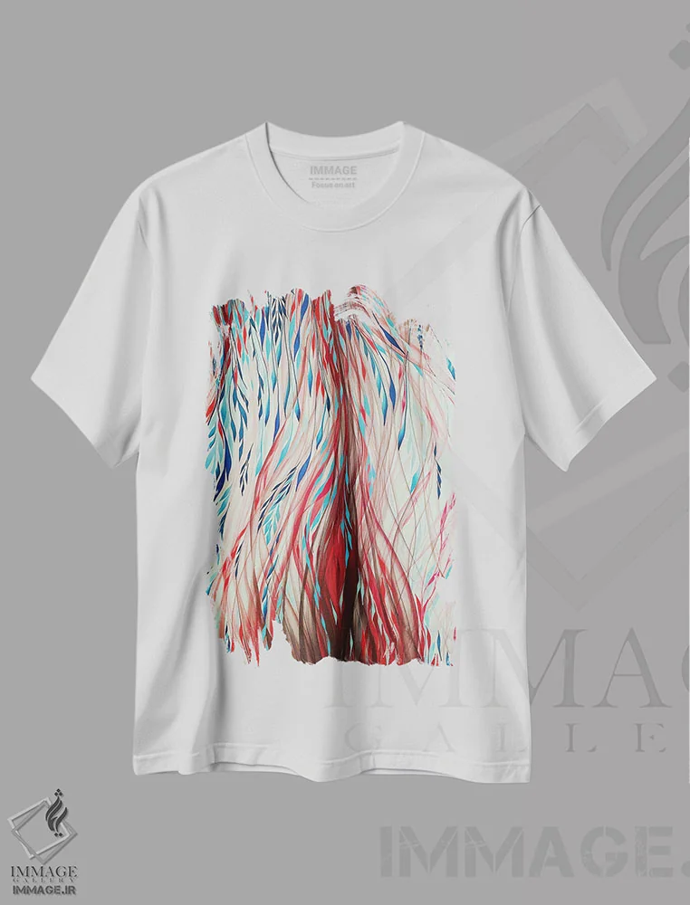 تیشرت سفید طرح دار شکوفه قرمز، آبستره اثر شوشانیک کاراپتیان | فروشگاه ایماژ