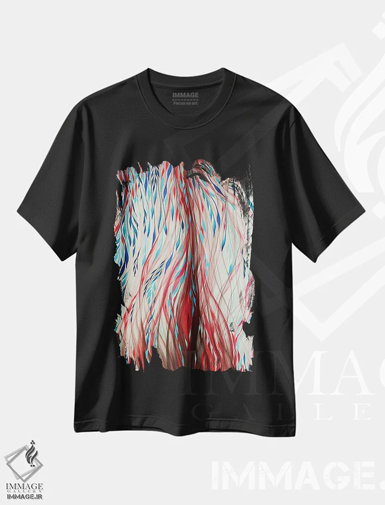 تیشرت مشکی طرح دار شکوفه قرمز، آبستره اثر شوشانیک کاراپتیان | immage.ir