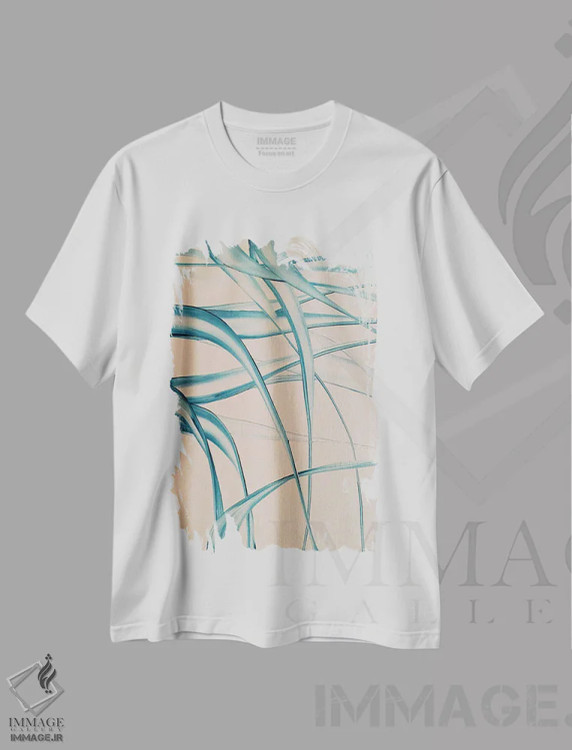 تیشرت سفید طرح دار مدیتیشن در فیروزه ای، آبستره اثر شوشانیک کاراپتیان | فروشگاه ایماژ