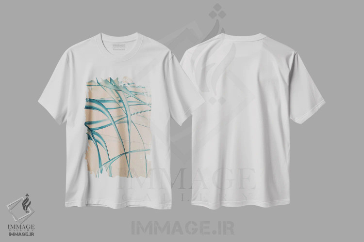 تیشرت سفید طرح دار مدیتیشن در فیروزه ای، آبستره اثر شوشانیک کاراپتیان | فروشگاه ایماژ