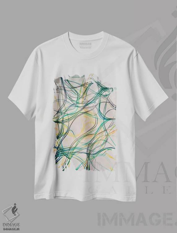 تیشرت سفید طرح دار مدیتیشن در طیف سبز، آبستره اثر شوشانیک کاراپتیان | فروشگاه ایماژ