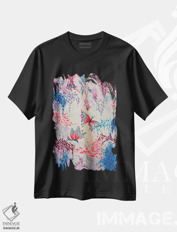 تیشرت مشکی طرح دار پروانه ها، دکور بوهمی اثر شوشانیک کاراپتیان | فروشگاه ایماژ