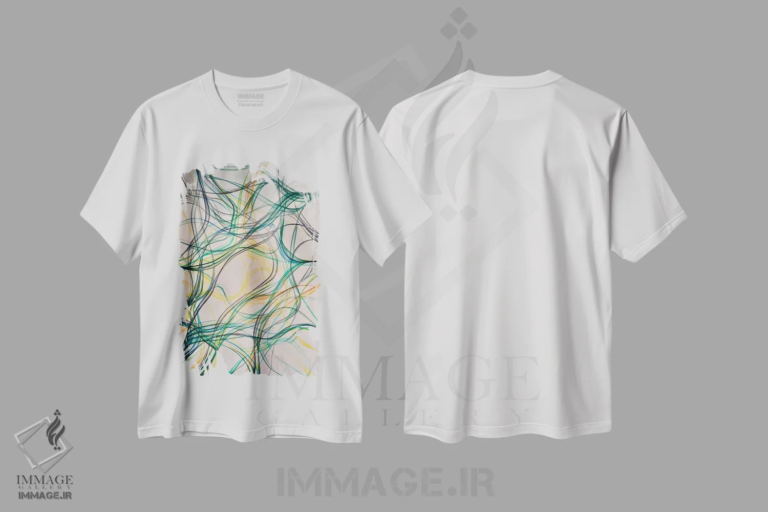 تیشرت سفید طرح دار مدیتیشن در طیف سبز، آبستره اثر شوشانیک کاراپتیان | فروشگاه ایماژ