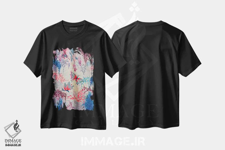 تیشرت مشکی طرح دار پروانه ها، دکور بوهمی اثر شوشانیک کاراپتیان | فروشگاه ایماژ